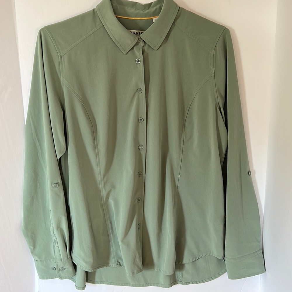 Orvis button front sage green blouse size large